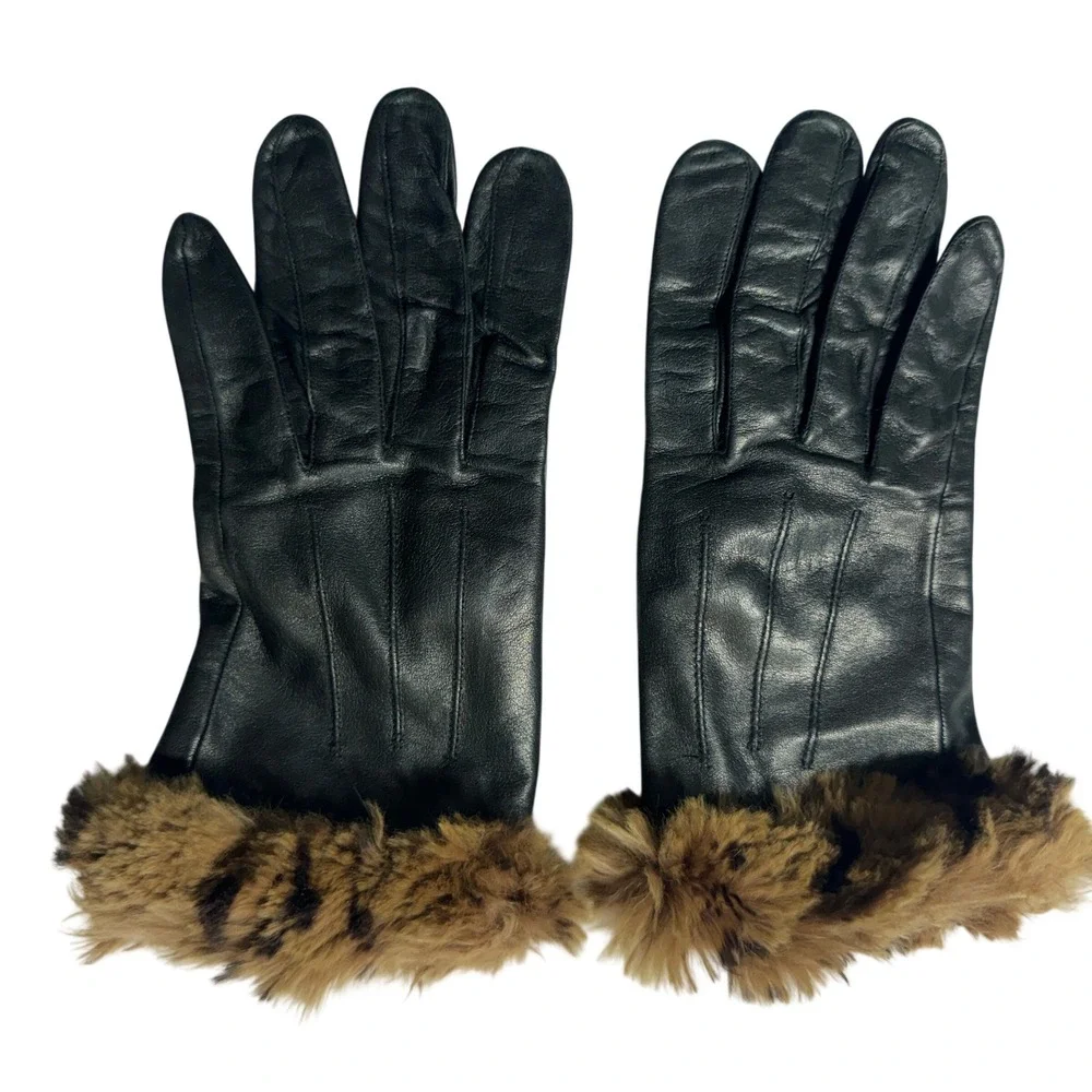 Leather Gloves Women M Black Faux Fur Trim Glam Mob Wife Aesthetic Vintage